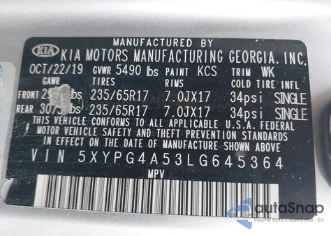 2020 Kia Sorento 3.3L Lx из США, поврежденный, VIN 5XYPG4A53LG645364